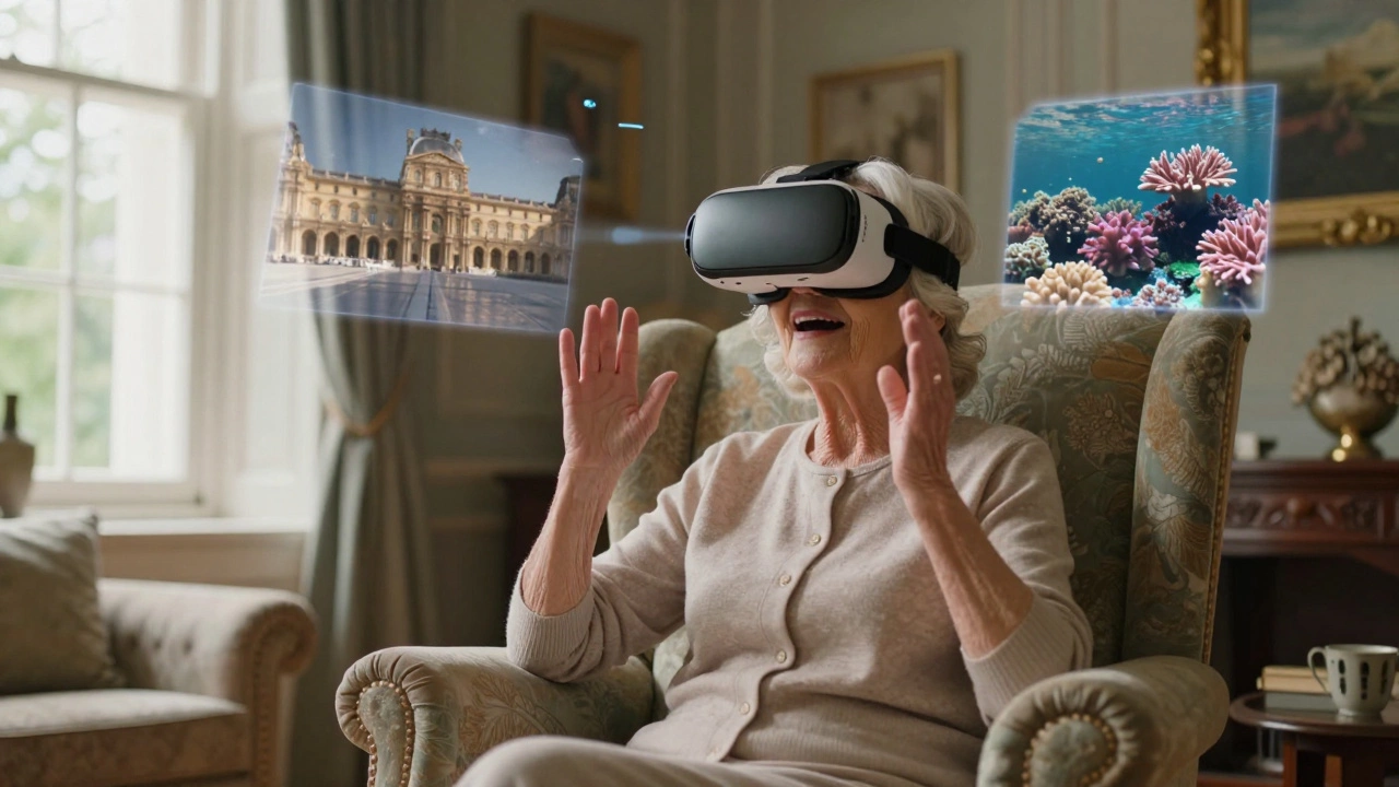 An elderly woman wearing a VR headset and smiling while virtually visiting the Louvre and coral reefs.