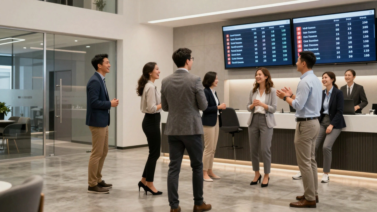 Business professionals celebrating after a corporate team-building escape room event