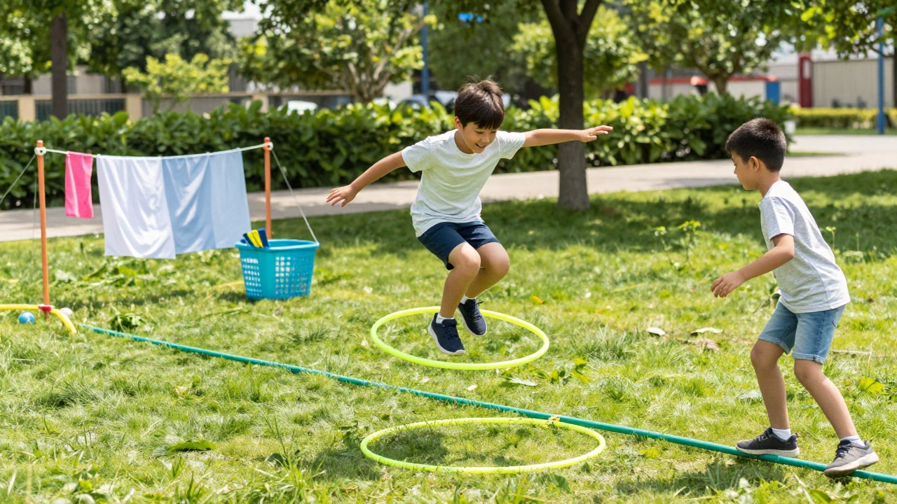 Children playing through a colorful outdoor obstacle course in a green park
