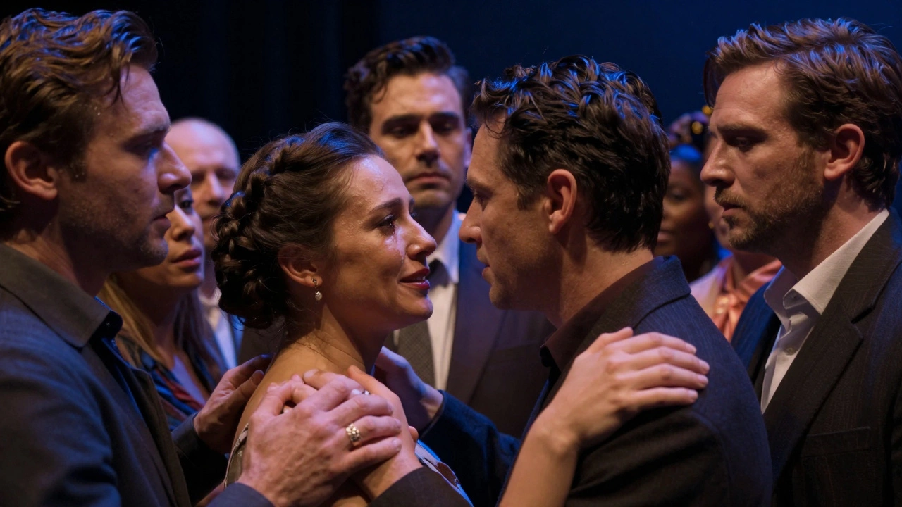 Emotional theater actors and crew sharing a moment in the wings of a stage.