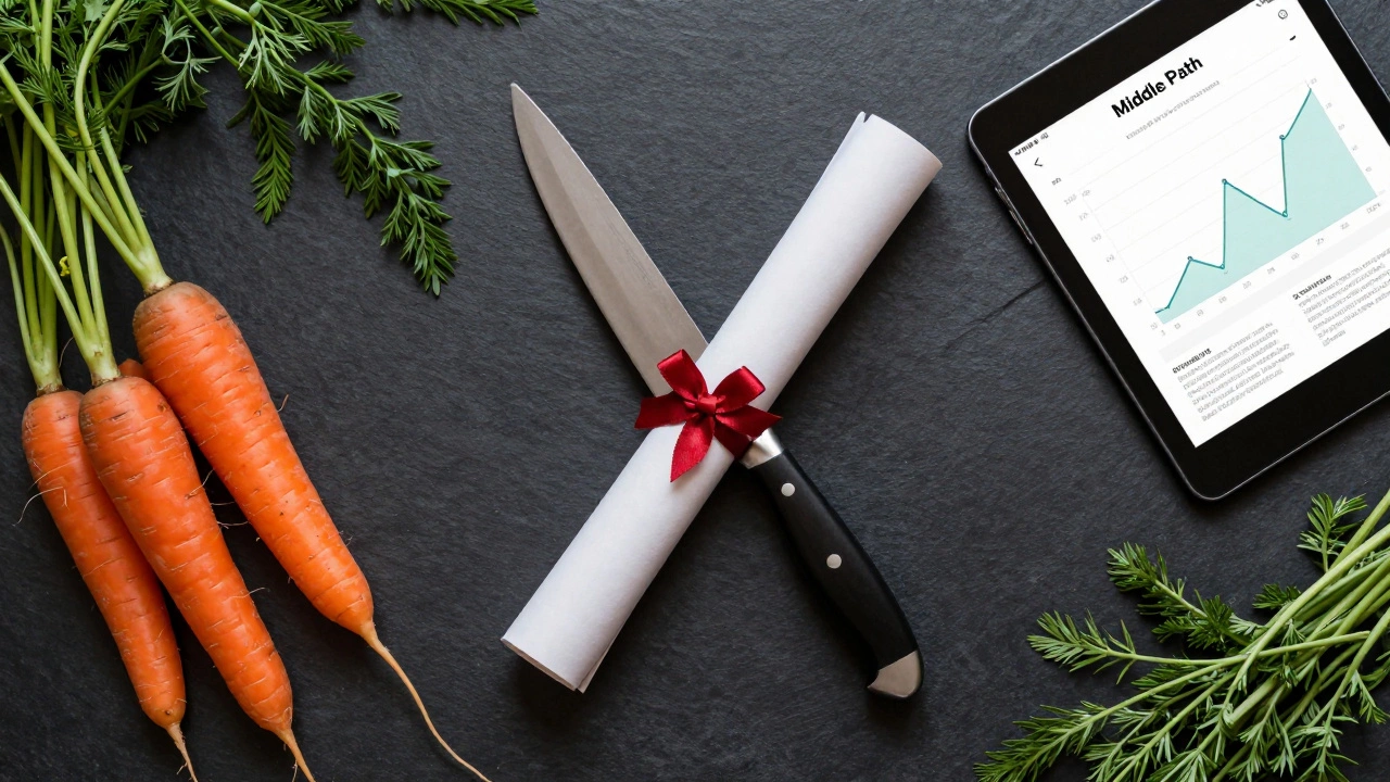 Flat lay of a chef's knife and diploma surrounded by fresh ingredients and a technical chart