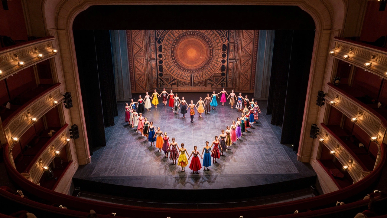 High-angle view from the front mezzanine showing a choreographed dance ensemble on a Broadway stage.