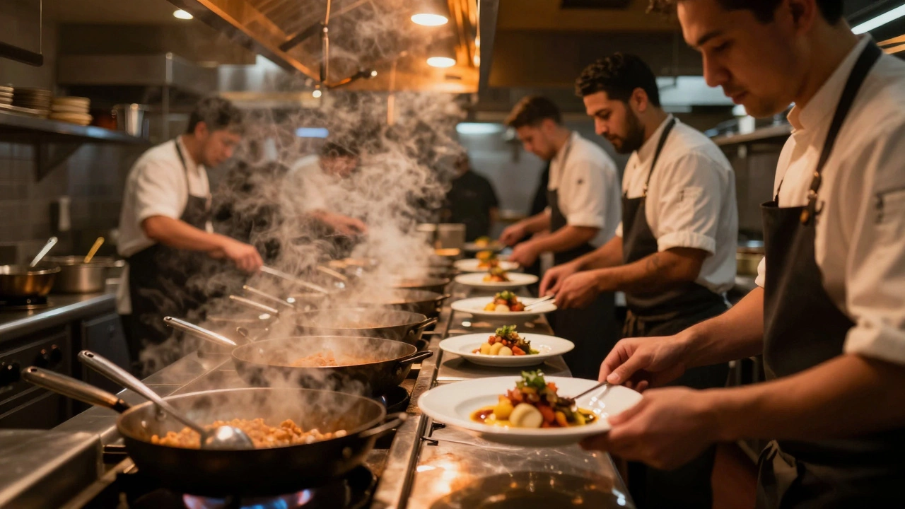 High-energy professional kitchen scene during a busy dinner service with steam and motion