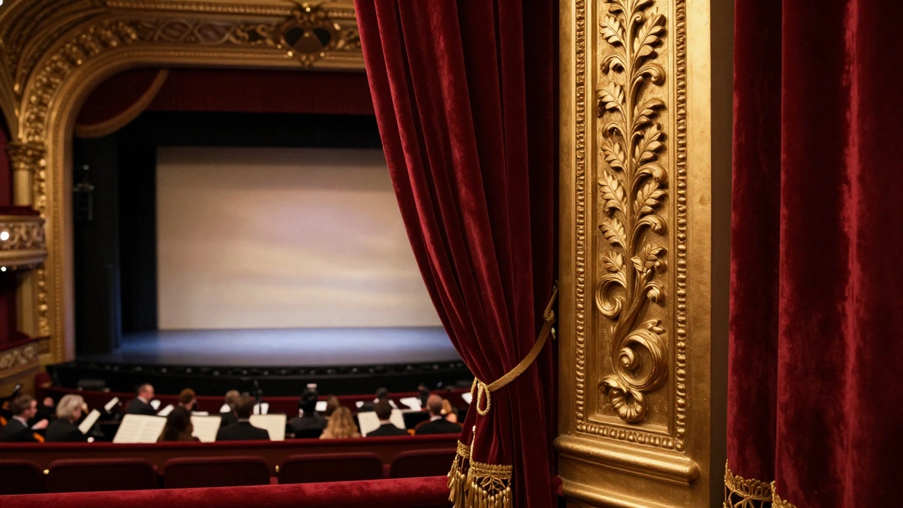 Side view of a historic theater stage partially obscured by an ornate gold pillar and red velvet curtains.