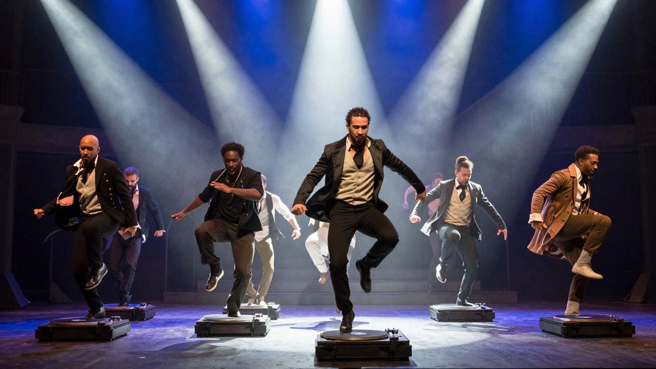 Actors performing energetic choreography with turntables on stage