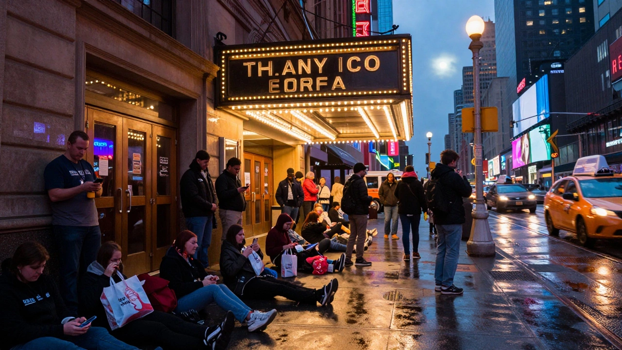 Audience exiting Broadway theater in Times Square at night
