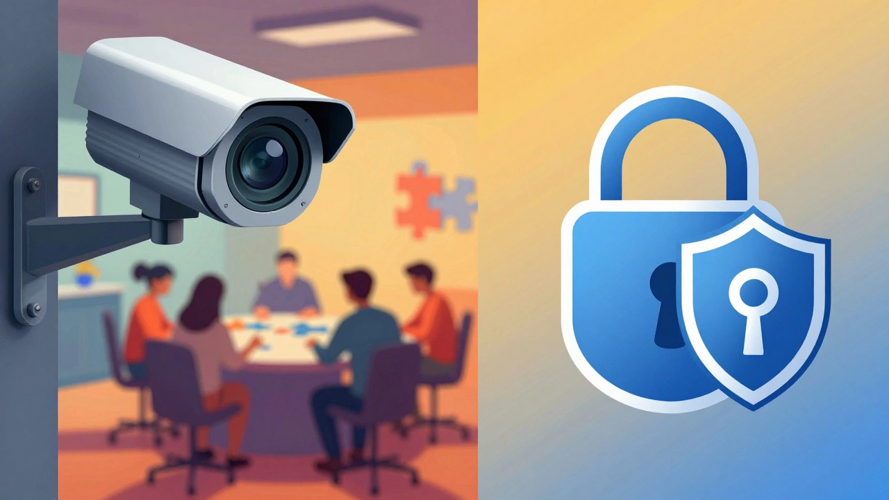 Conceptual art showing surveillance camera eye and privacy shield over puzzle-solving scene.