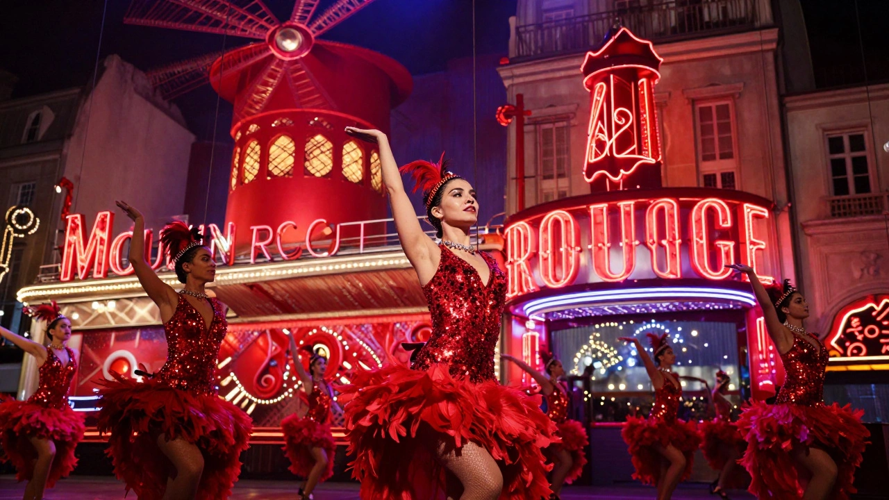 Dancers in glittering costumes flying on wires in a cabaret setting