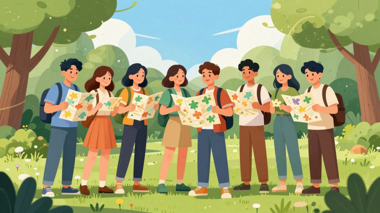 Friends enjoying an outdoor scavenger hunt in a sunny park