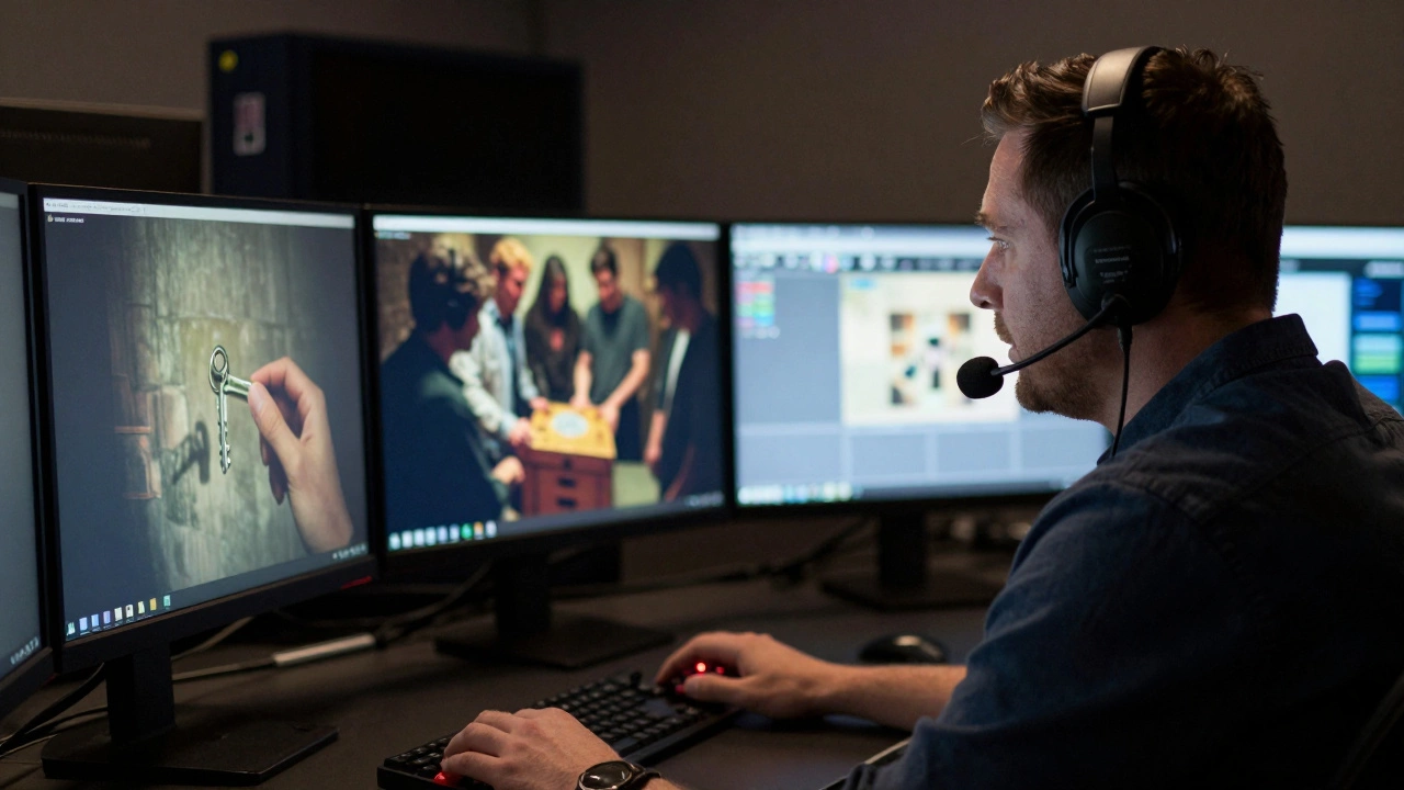Game Master in headset monitoring multiple video feeds of escape room players on screens.