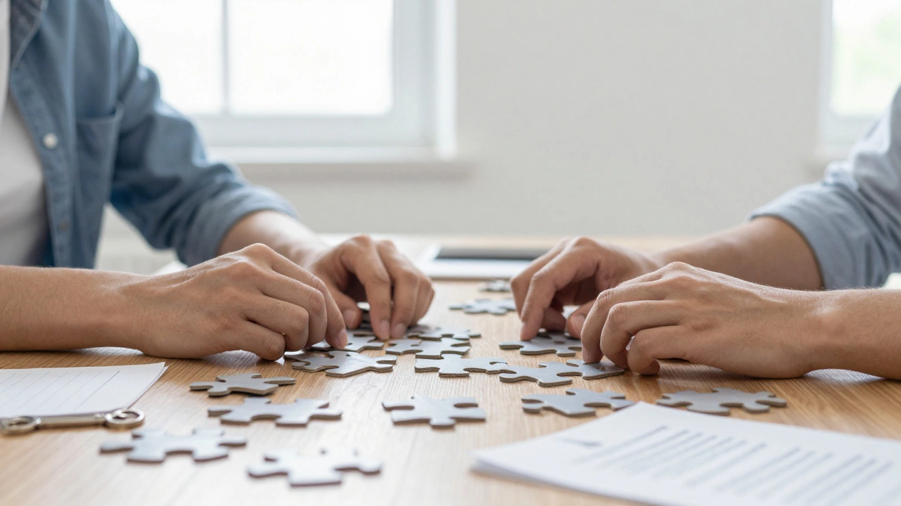 Hands solving puzzles on a table in a well-lit, airy escape room
