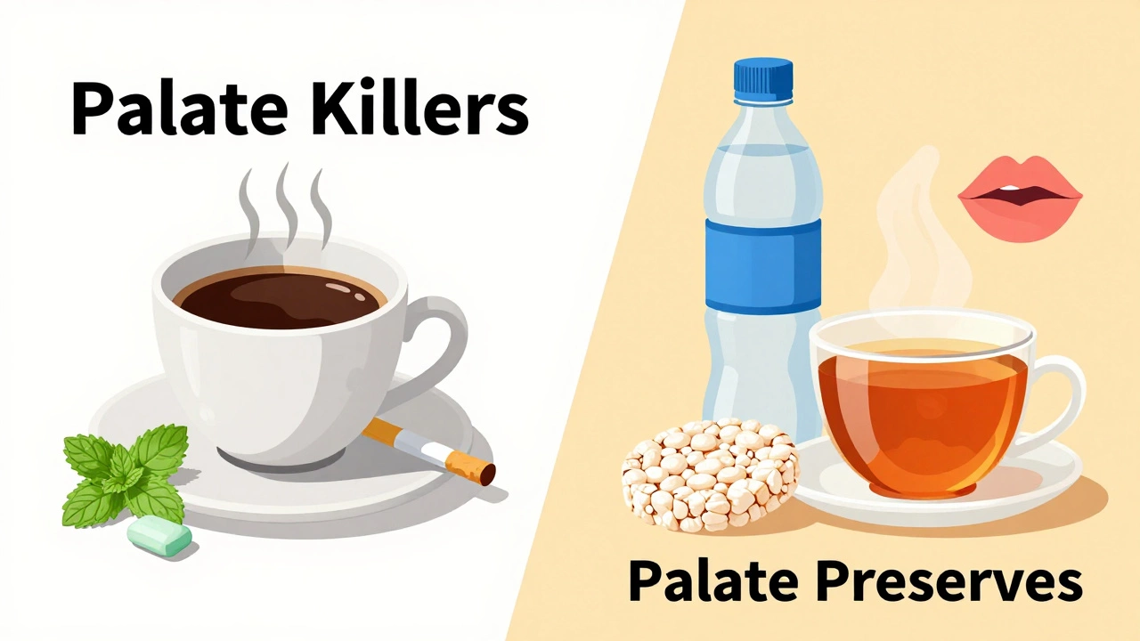 Illustration contrasting coffee and mint with water and bland snacks