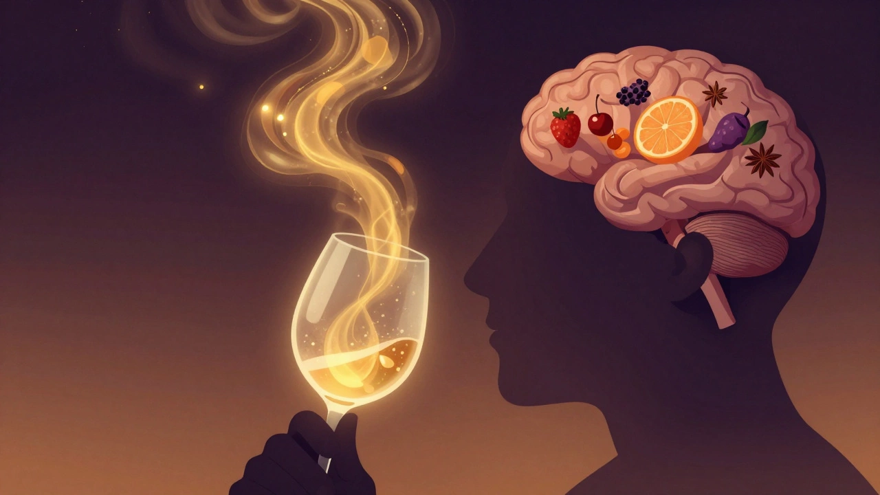 Illustration showing aroma vapors from wine entering the nose and forming fruit shapes in the mind.