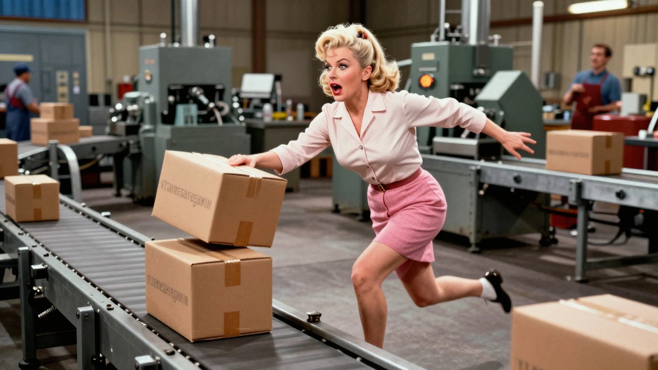 Lucille Ball running on a conveyor belt in a factory