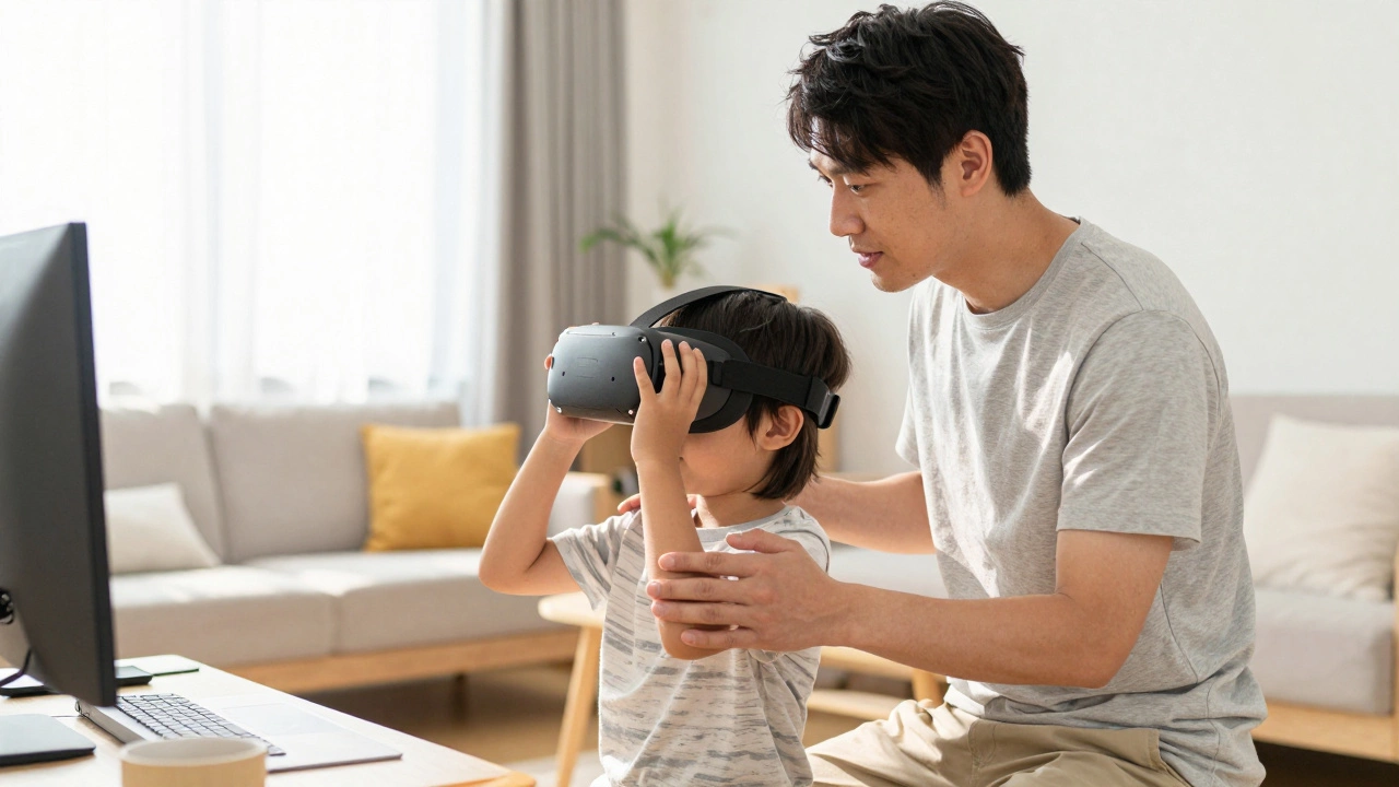 Parent supervising child handling VR headset in safe living room