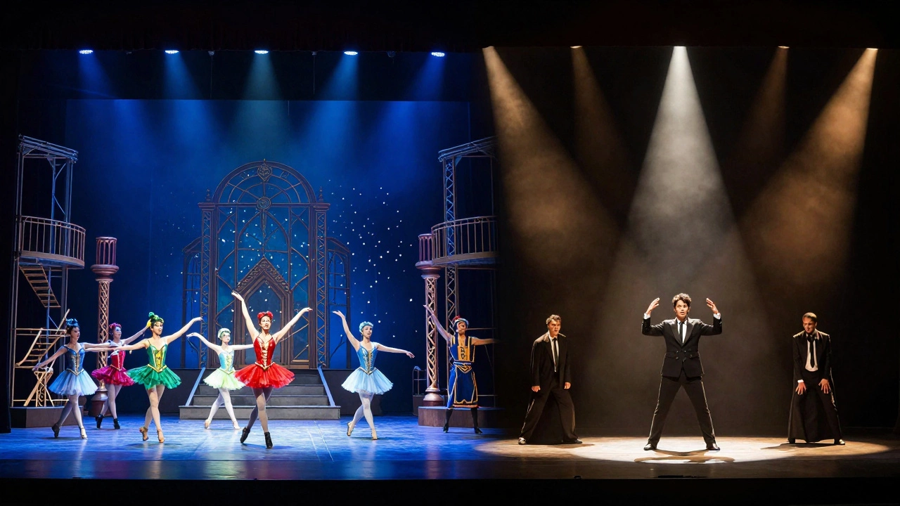 Split stage comparison showing musical choreography vs play acting