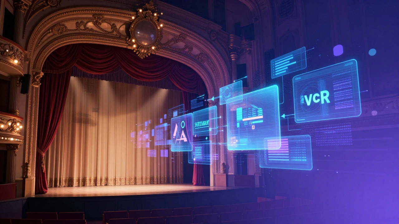 Theater curtain dissolving into digital holograms