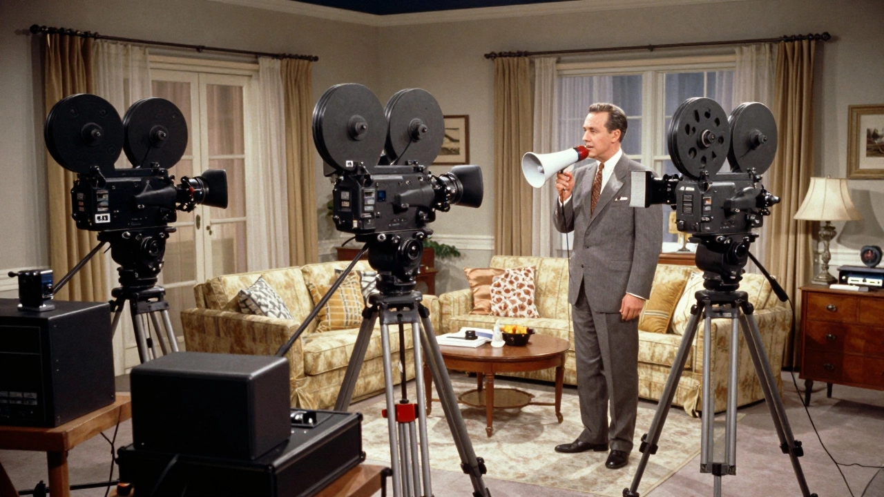 Three cameras filming a sitcom set in the 1950s