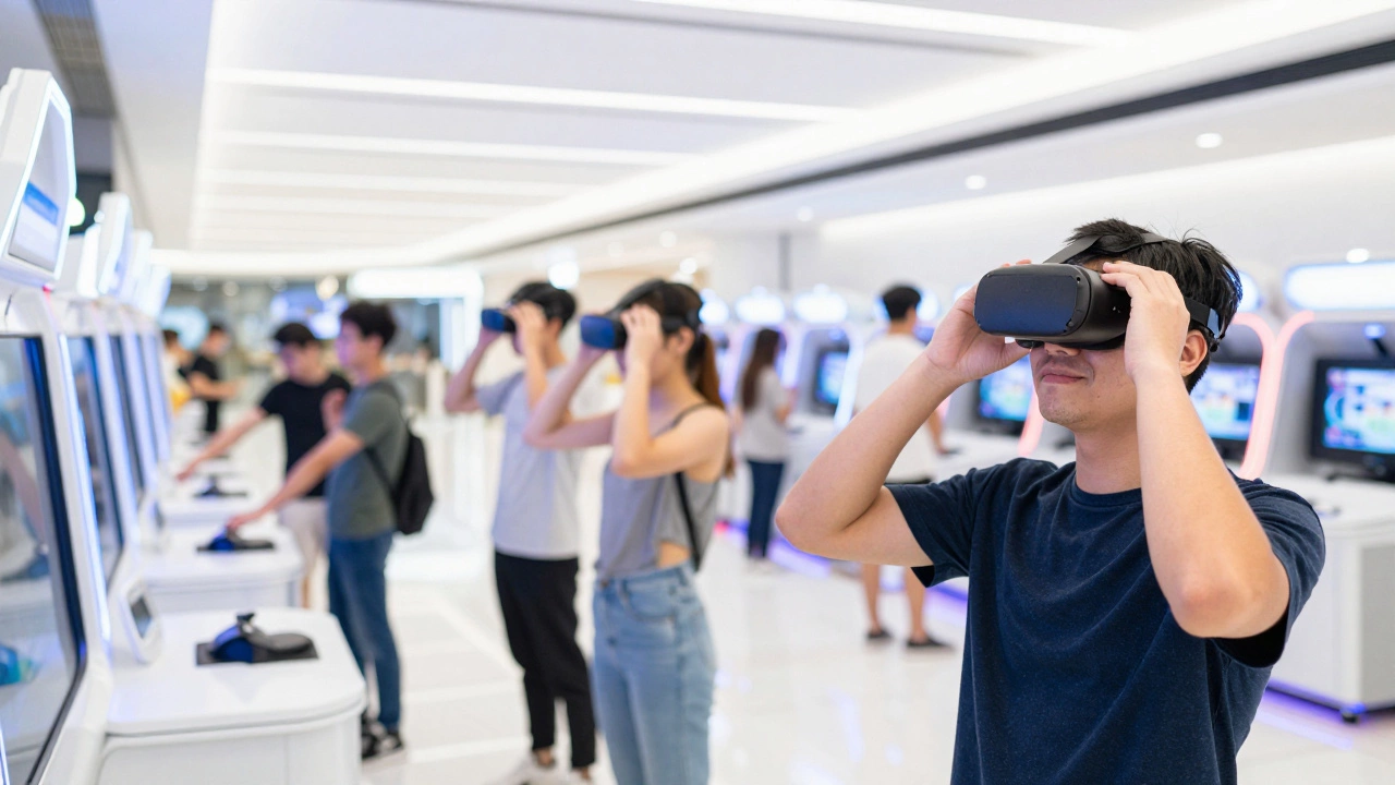 Users quickly swapping headsets in a busy VR arcade