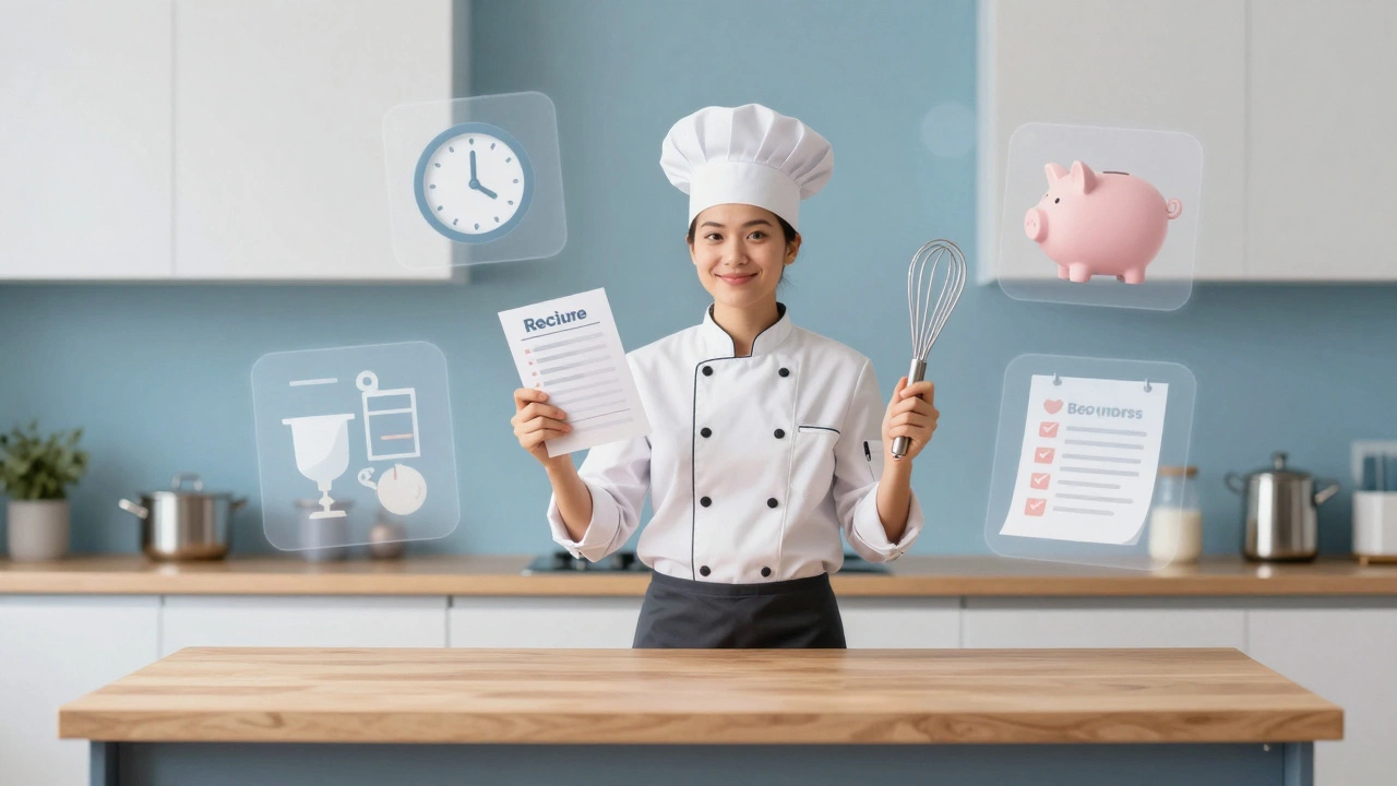 Confident cook surrounded by icons representing budget, time, and course selection criteria