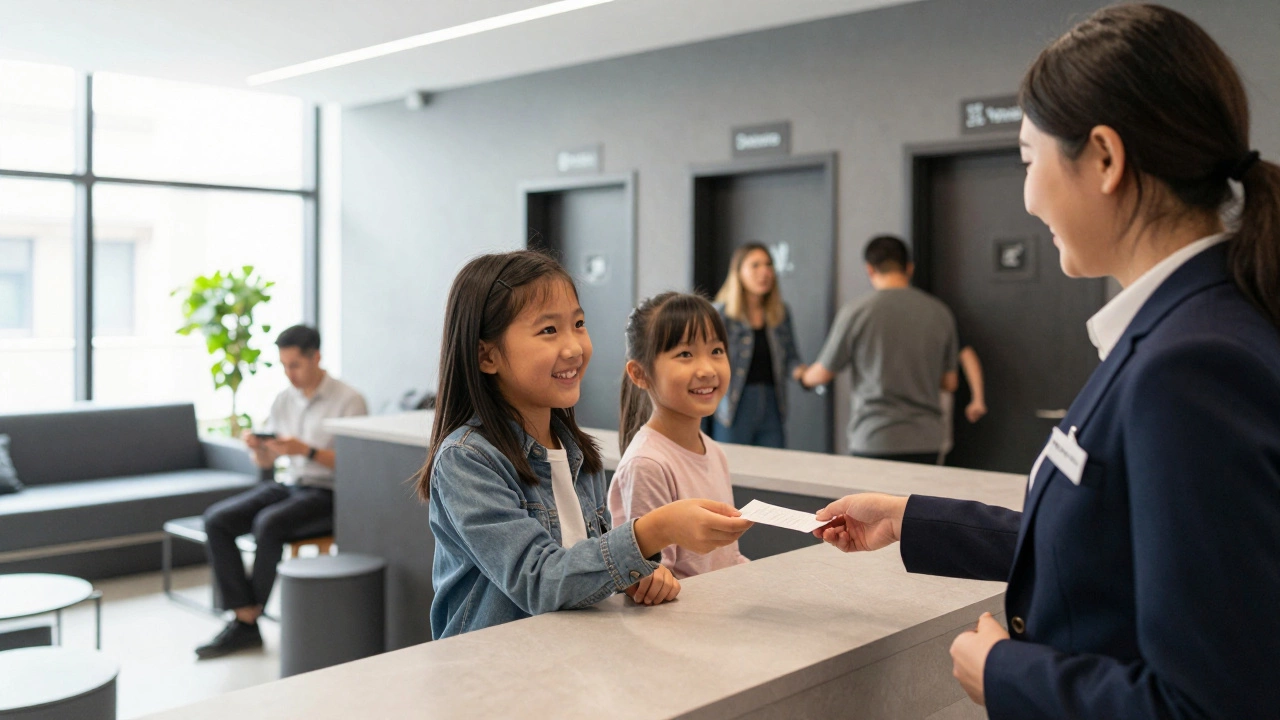 Family receiving receipt at a modern UK escape room reception desk