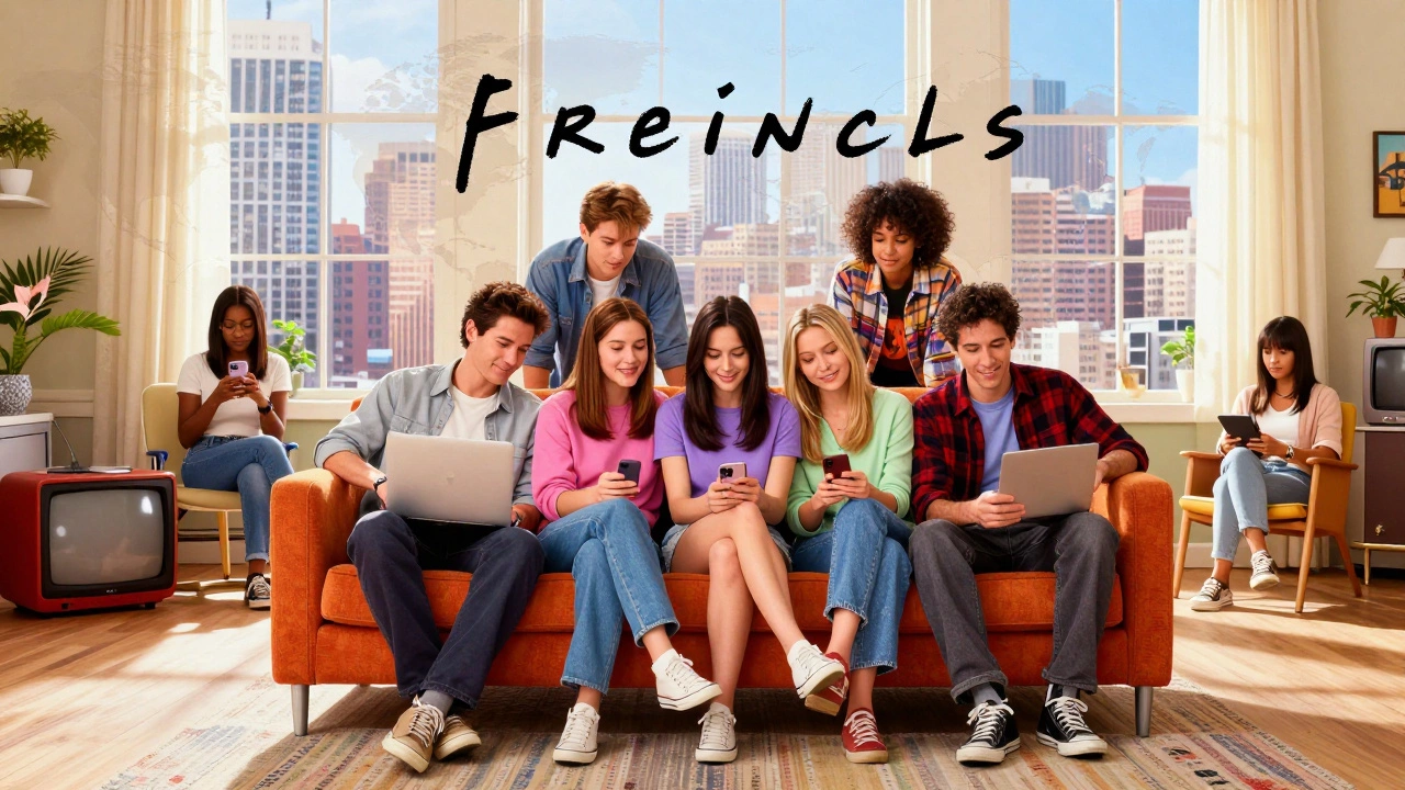 Friends cast on orange couch with global viewers