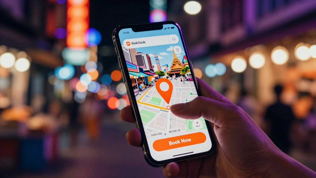 Hand holding phone with map pin over vibrant Asian night market scene.