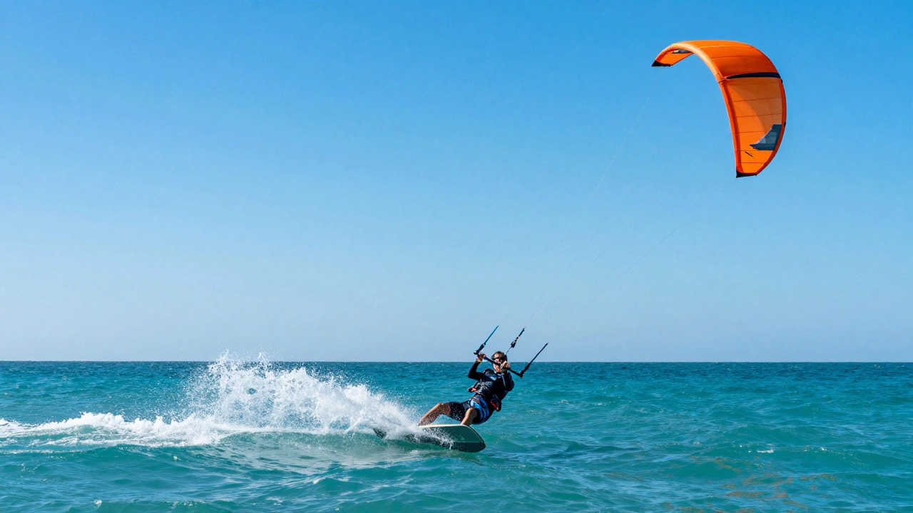 Kitesurfer riding waves pulled by a large orange kite