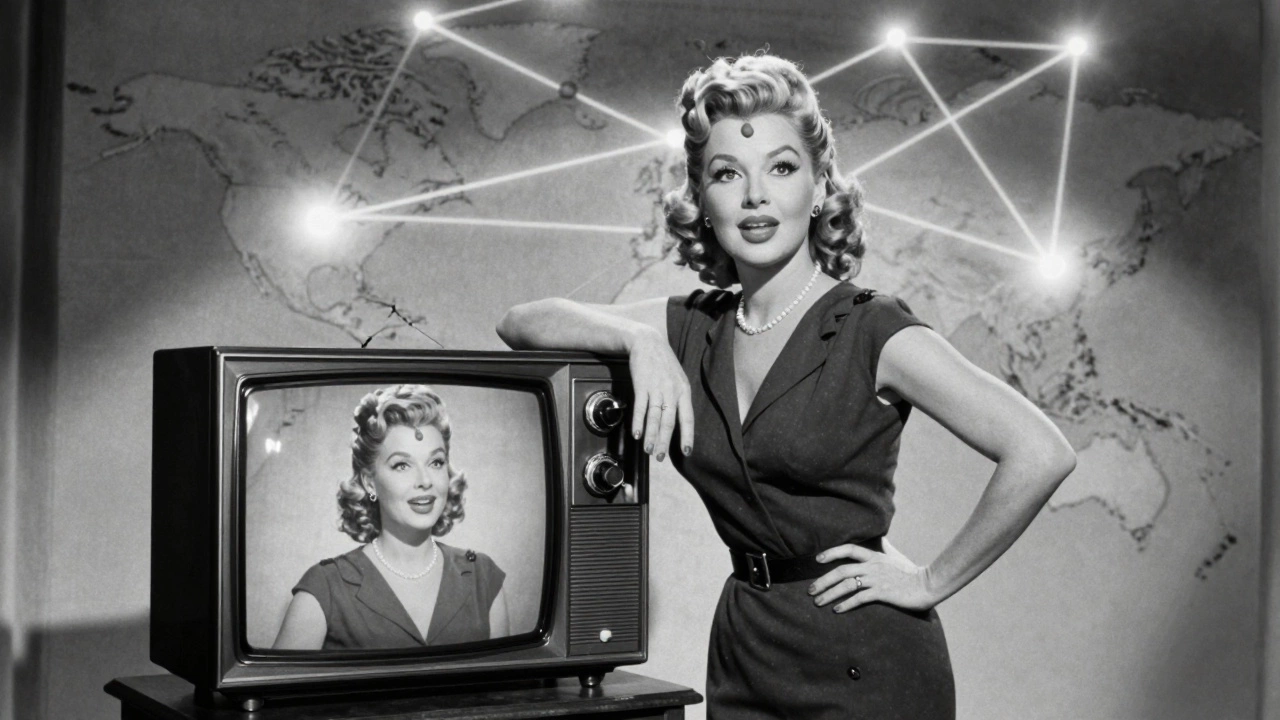 Lucille Ball vintage photo with world map showing global reach