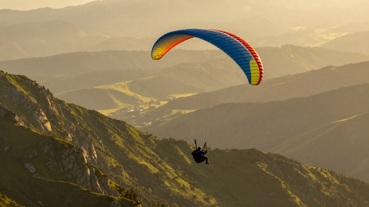 Paraglider soaring above green mountains at sunset