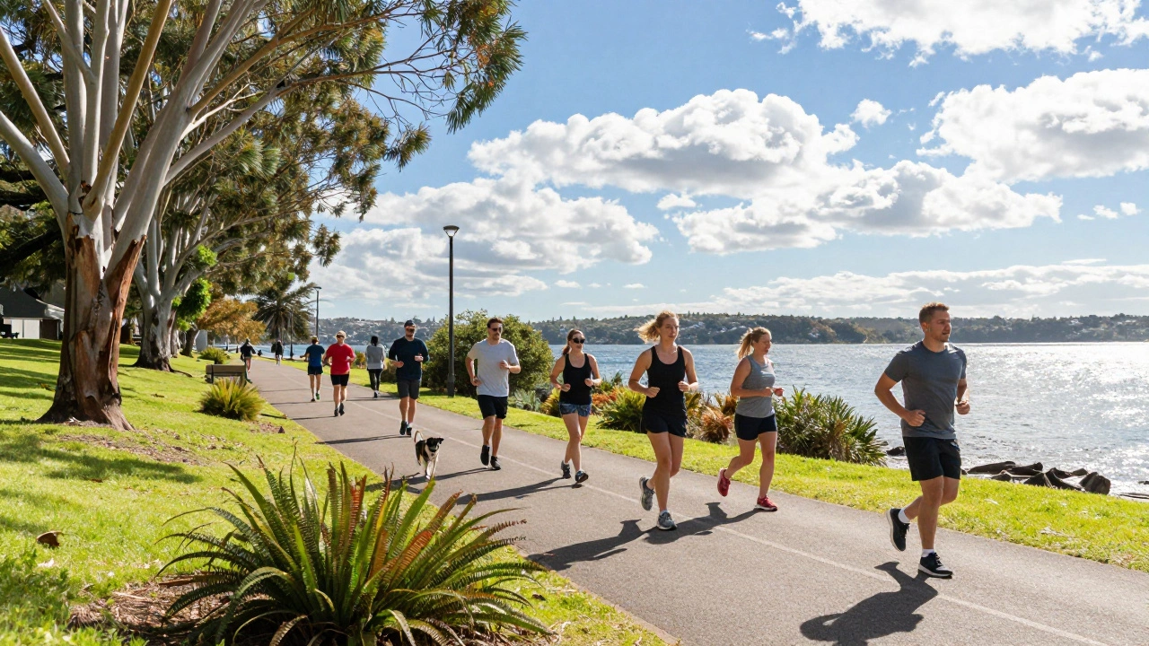 People exercising outdoors on coastal path with nature