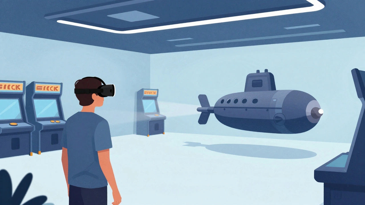 Person playing VR escape game in a large open arcade space.