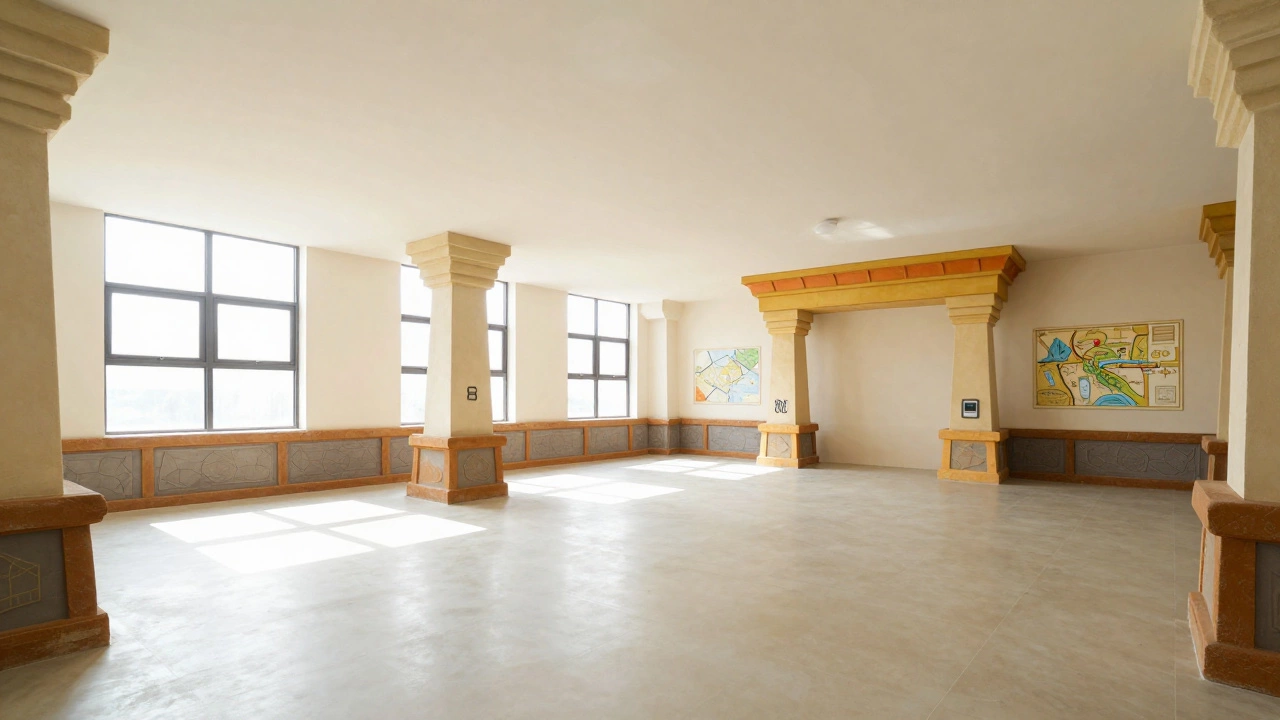 Spacious, bright escape room interior with high ceilings and open layout.