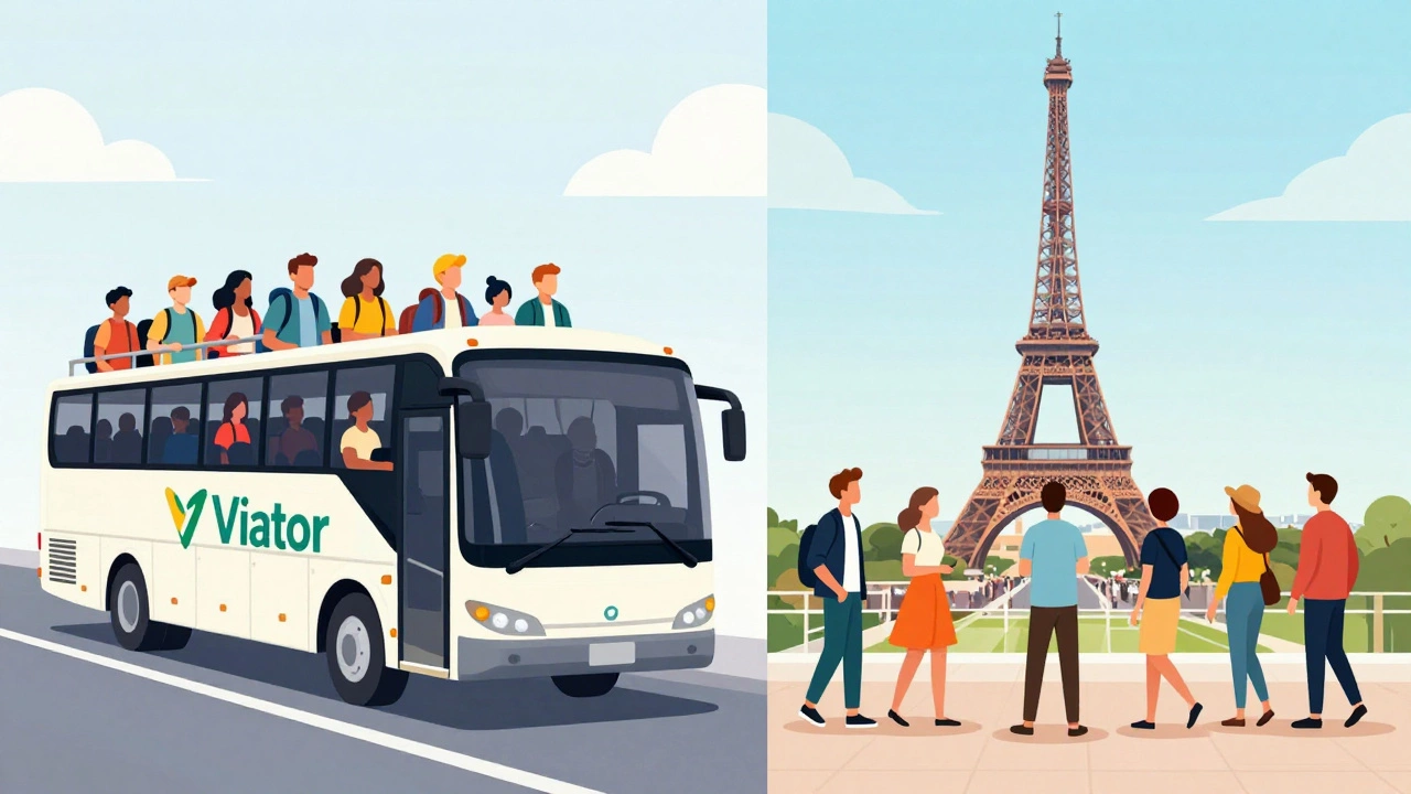 Split illustration: crowded bus tour vs small group walk in Paris.