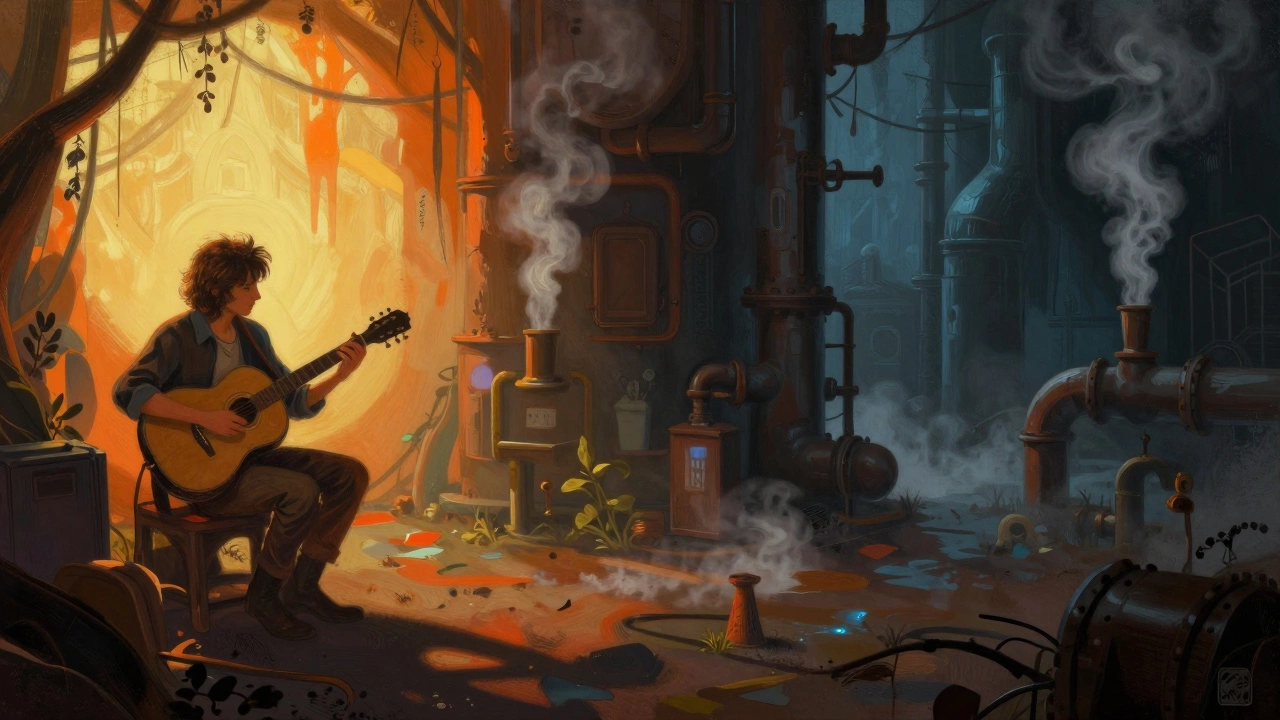 Split image showing bright folk music vs dark industrial underworld