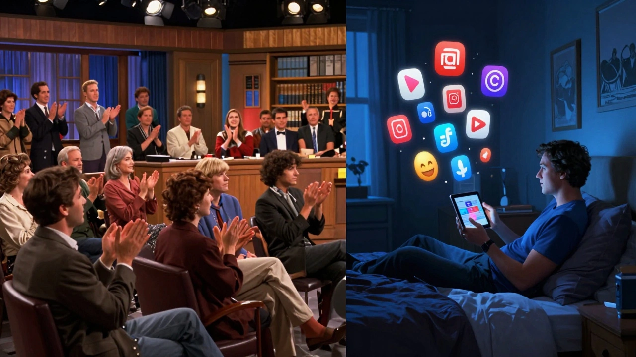 Split scene of sitcom studio vs home streaming