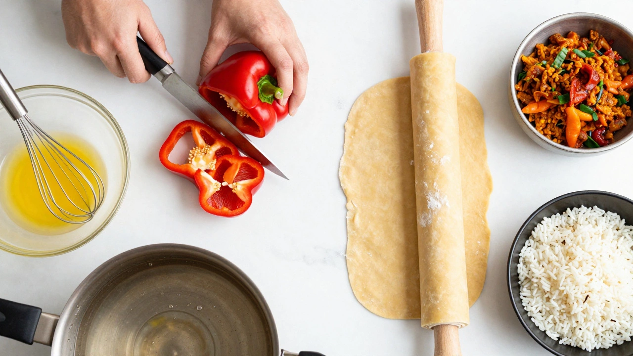 Top-down view of basic cooking techniques like chopping and whisking next to cuisine-specific ingredients