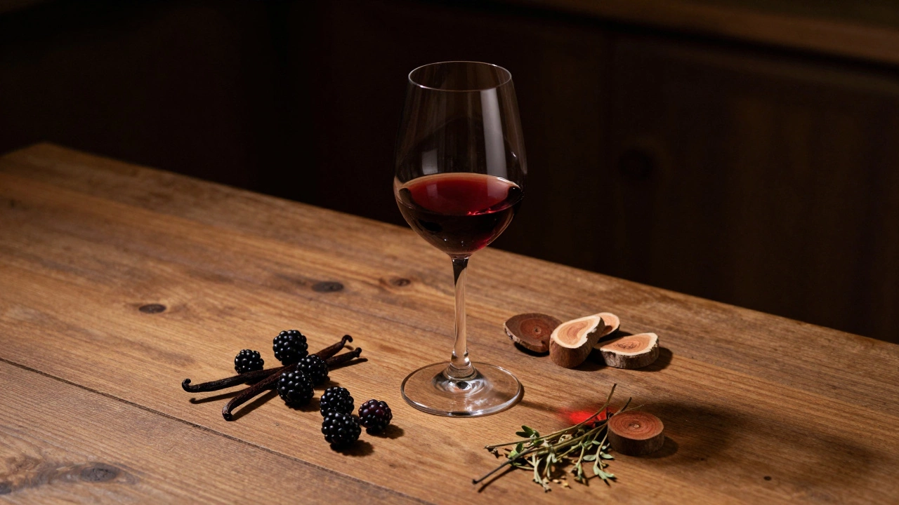 Wine glass surrounded by berries, oak, and herbs representing aroma layers