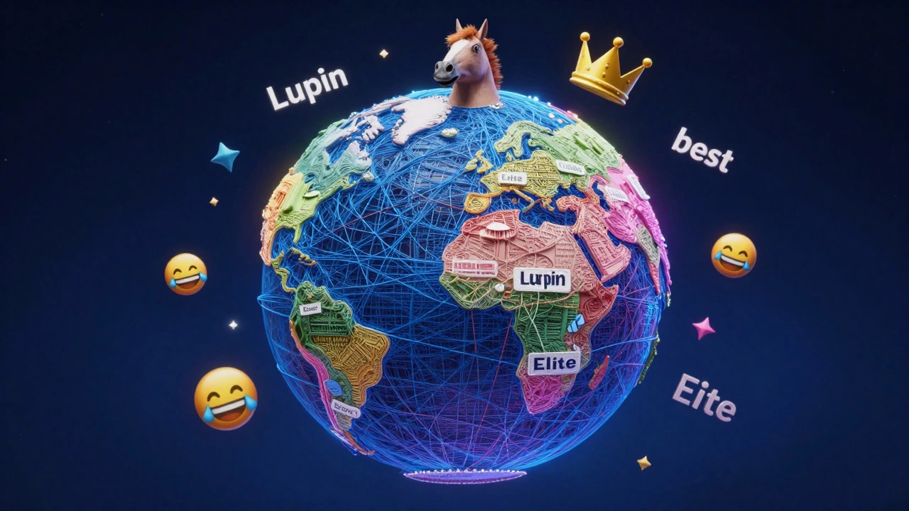 Abstract globe with threads and icons representing global comedy shows