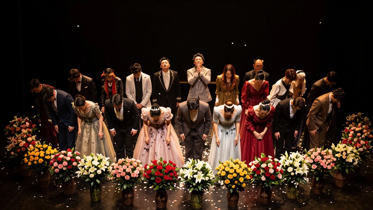 Actors bowing on stage surrounded by large flower baskets after opening