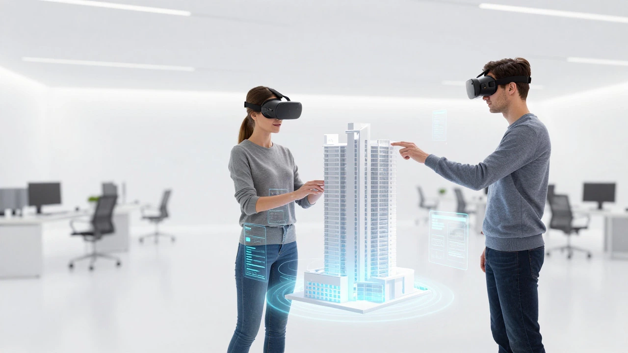 Avatars collaborating on 3D building model in virtual office