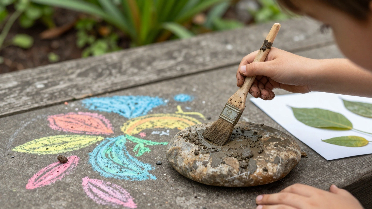 Close-up of child's hands doing mud painting and chalk art outdoors.