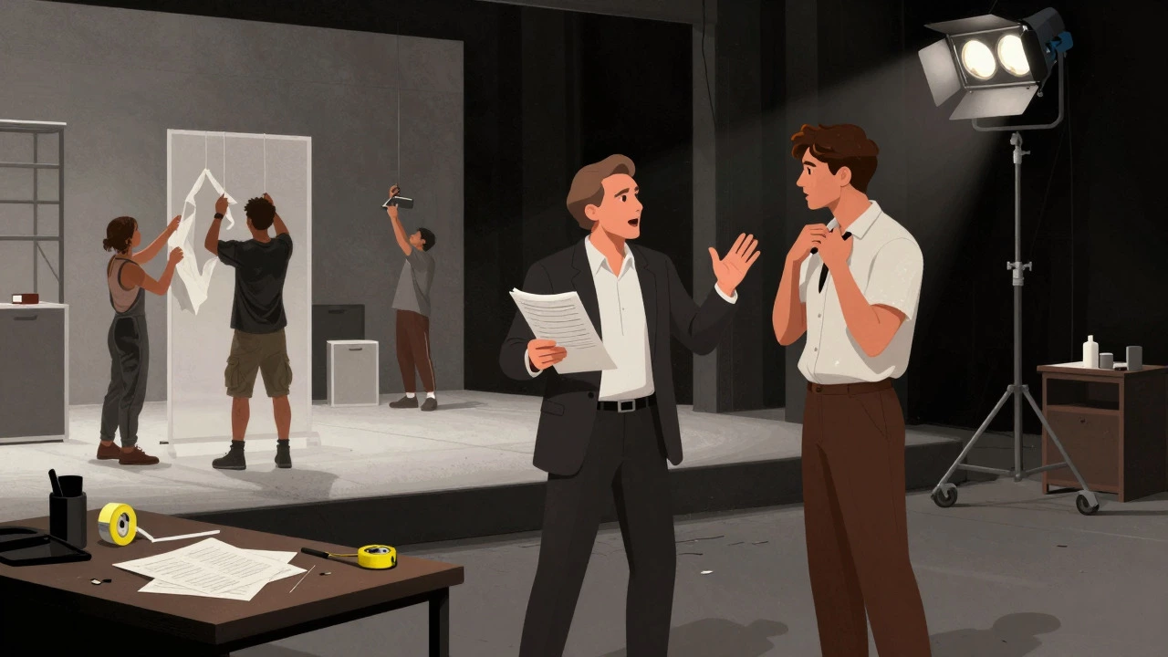 Director and actors rehearsing backstage during the preview period