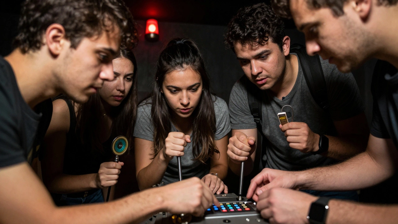 Friends collaborating intensely to solve final escape room puzzle