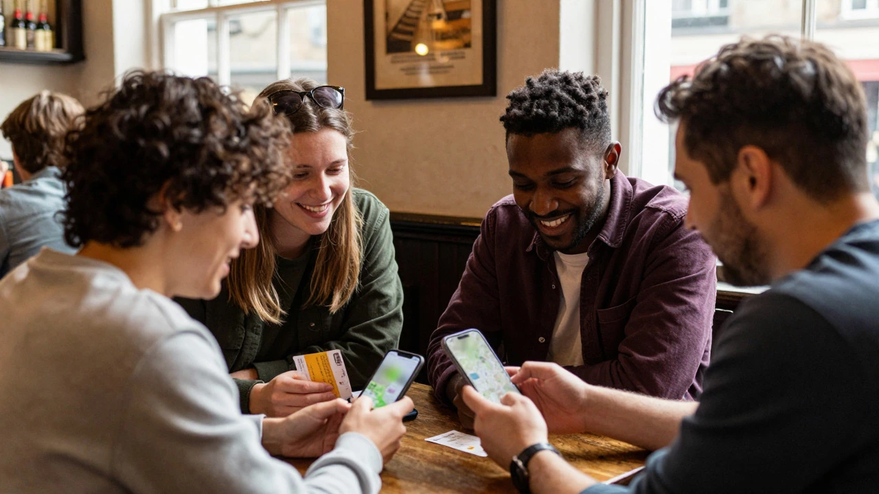 Friends enjoying affordable local food in a London pub