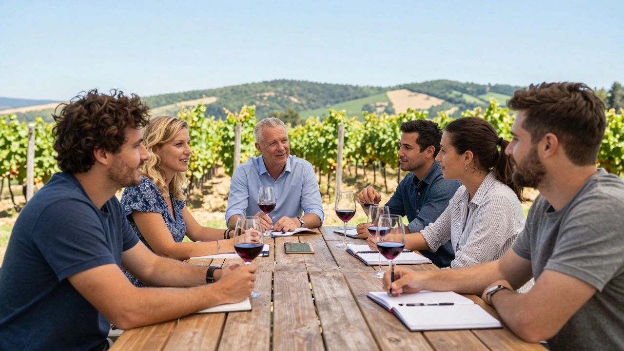 Friends taking notes while tasting wine outdoors