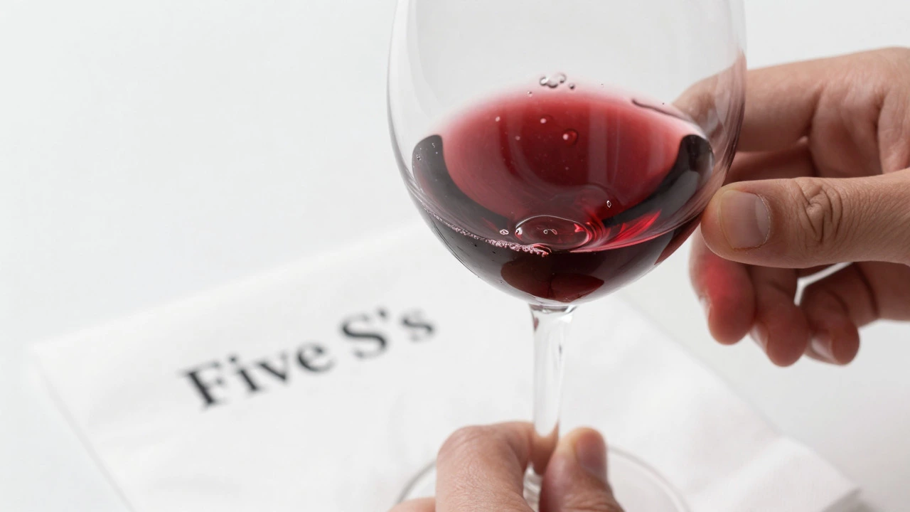 Hand swirling wine in a glass showing legs and color