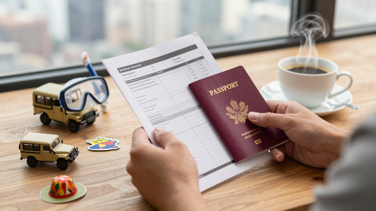 Hands holding travel itinerary and passport with tour accessories on table