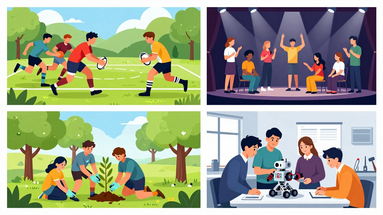 Illustration of four activity types: sports, drama, volunteering, and robotics