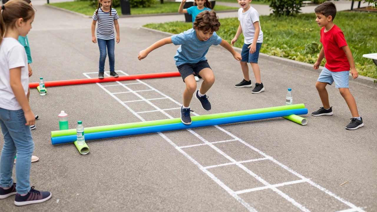 Kids jumping and balancing on a colorful DIY obstacle course in a driveway.